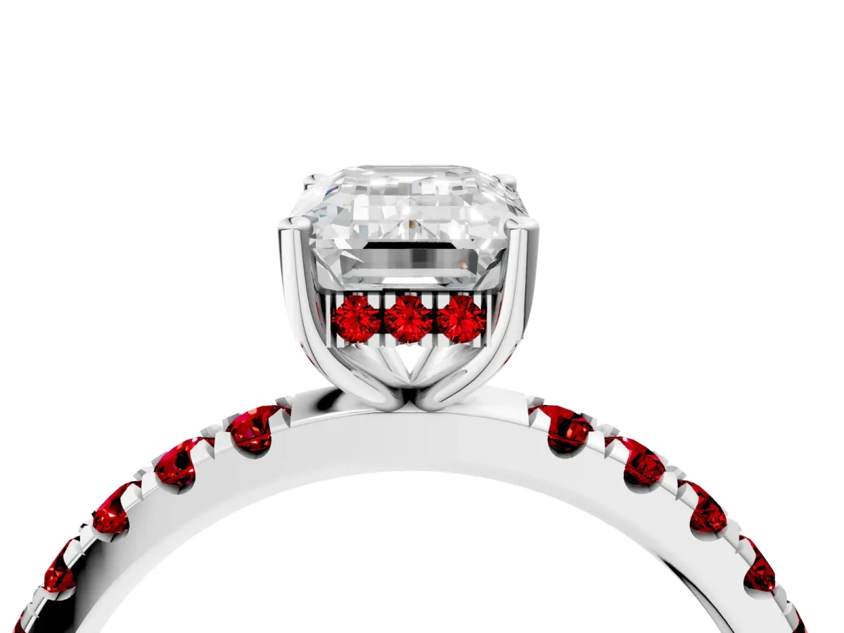 Emerald Cut Diamond Pave Band Solitaire Ring with Round Ruby and Prong Setting White gold
