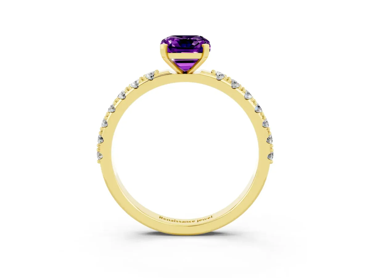Emerald Cut Amethyst Solitaire Pavé Band with Four-Prong Setting Yellow gold
