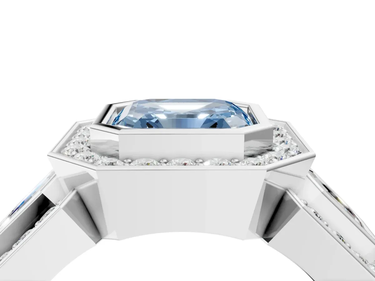 Fancy Blue Three-Stone Asscher Cut Halo Pavé Diamond Ring Platinum