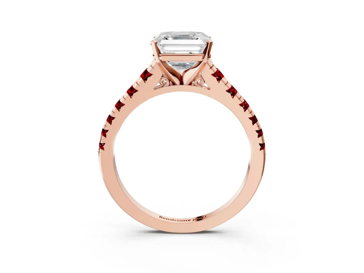 Asscher Cut Diamond Cathedral Solitaire Ring with Round Ruby Pavé Band Rose gold