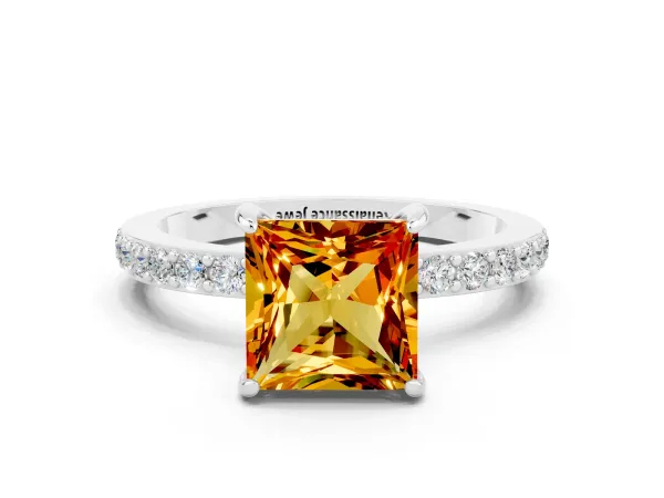 Princess Cut Citrine Solitaire Engagement Ring with Pavé Band and Four-Prong Setting Platinum