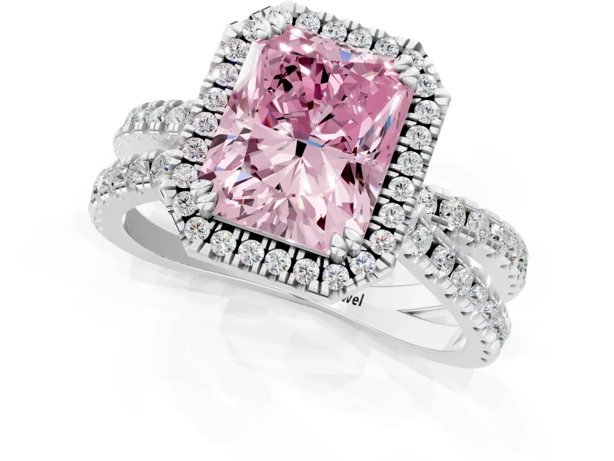 Fancy Pink Radiant Cut Halo Split Shank Diamond Ring with Pavé Setting Platinum