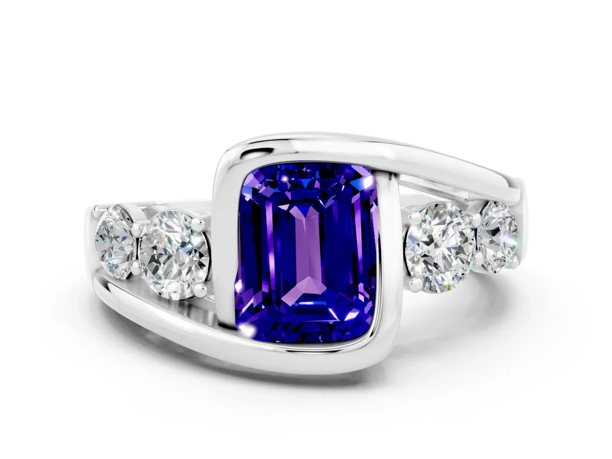 Bezel Set Emerald Cut Tanzanite Bypass Ring with Round Accents Platinum