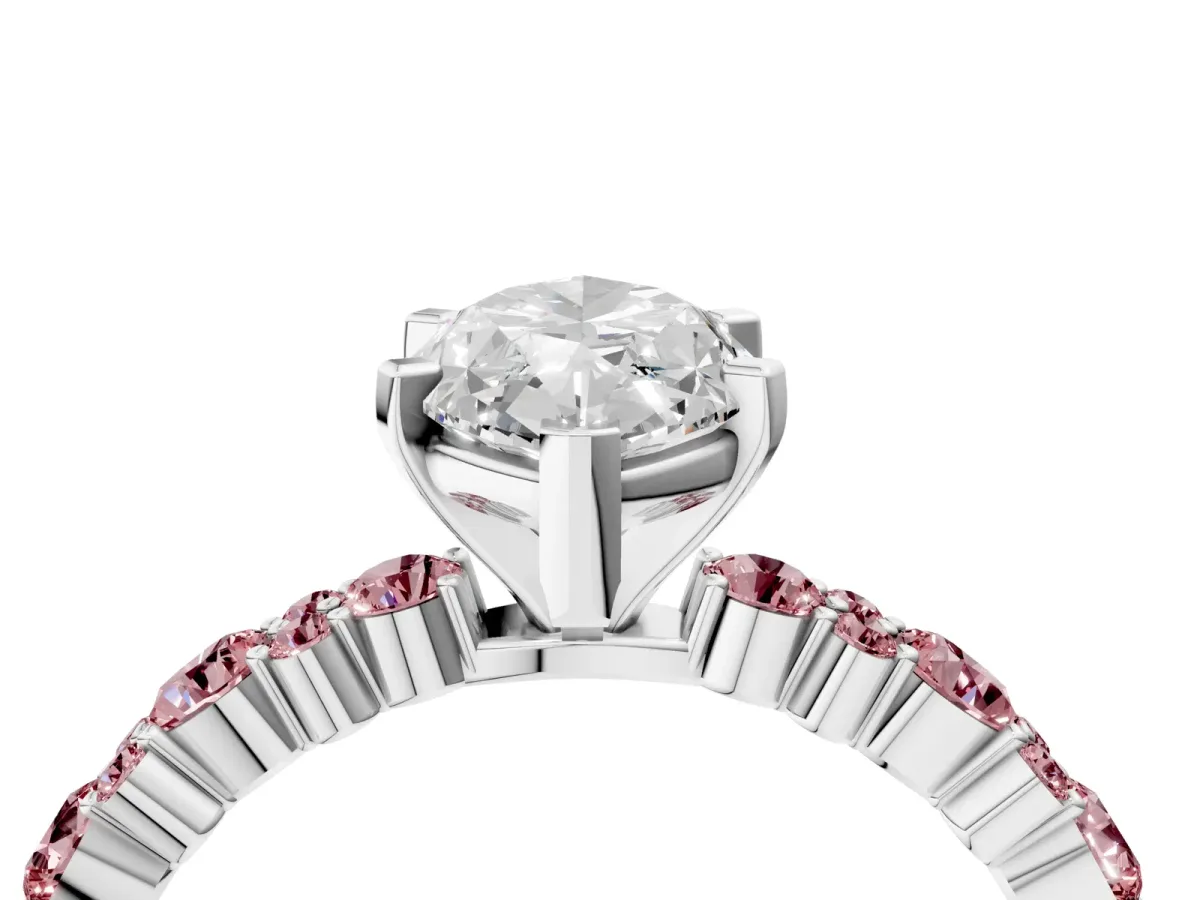 Marquise Cut Diamond Side Stone Solitaire Ring with Round Morganite and Four-Prong Setting Silver