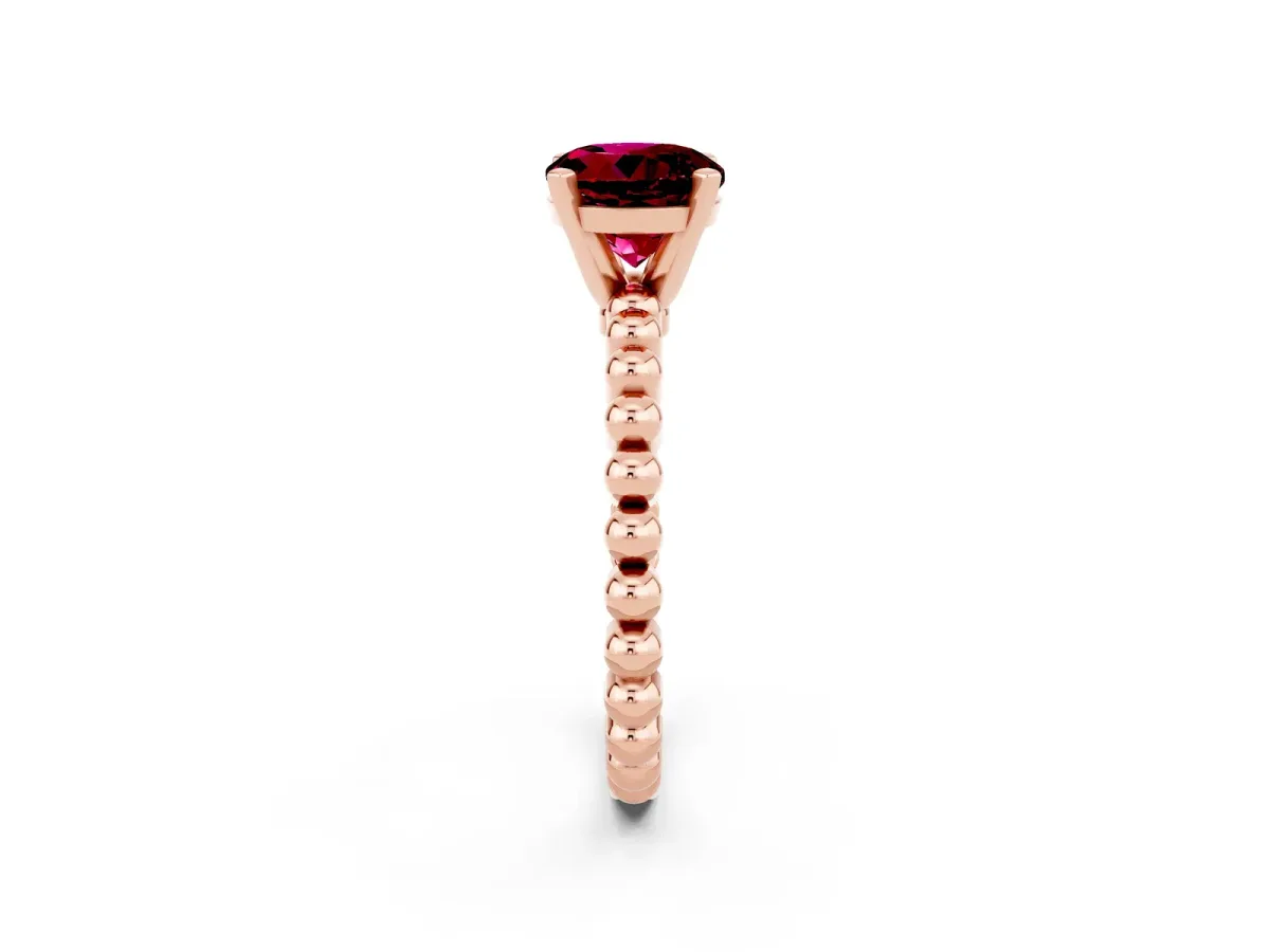 Round Cut Garnet Solitaire Ring with Beaded Band and Prong Setting Rose gold