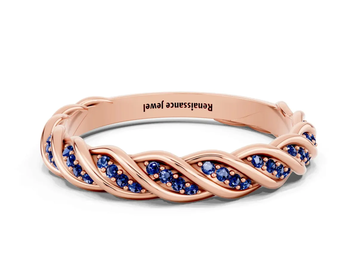 Twisted Pavé Round Blue Sapphire Eternity Band with Shared Prong Setting Rose gold