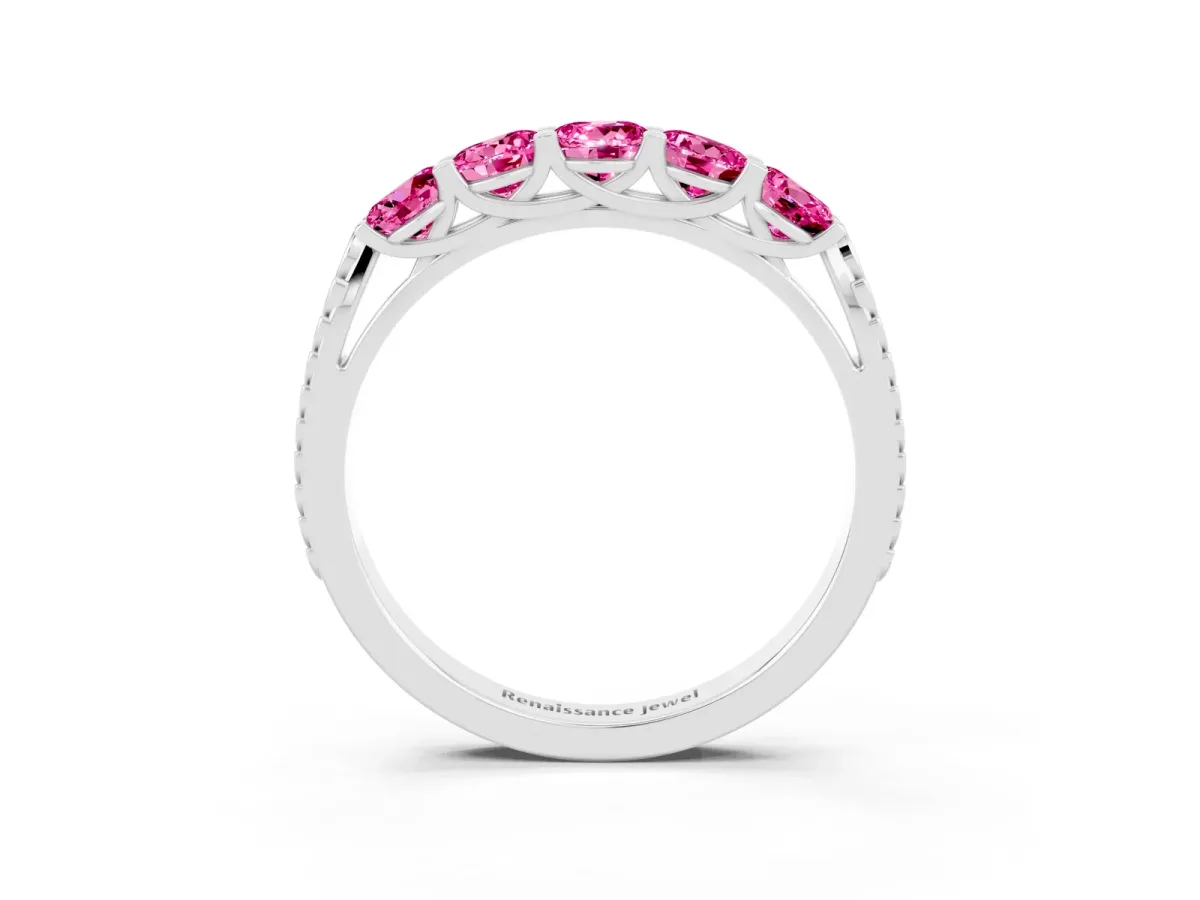 Five-Stone Round Pink Sapphire Prong-Set Band Silver