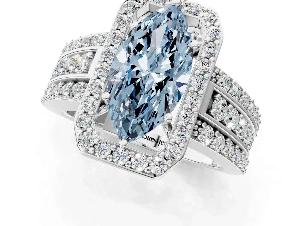 Fancy Blue Marquise Cut Halo Diamond Ring with Round Split Shank and Prong Setting Platinum
