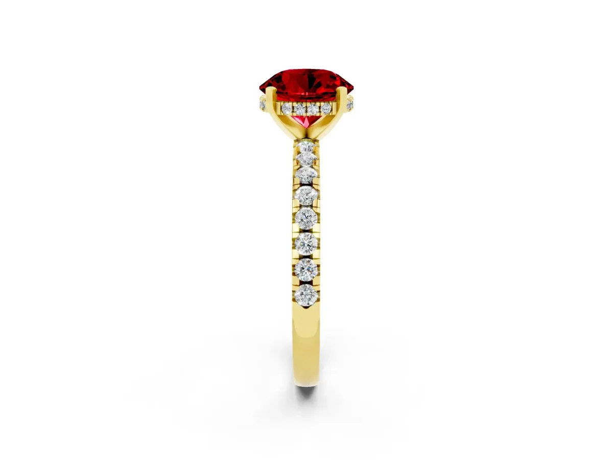 Round Cut Ruby Solitaire Ring with Round Pavé Band and Four-Prong Setting Yellow gold
