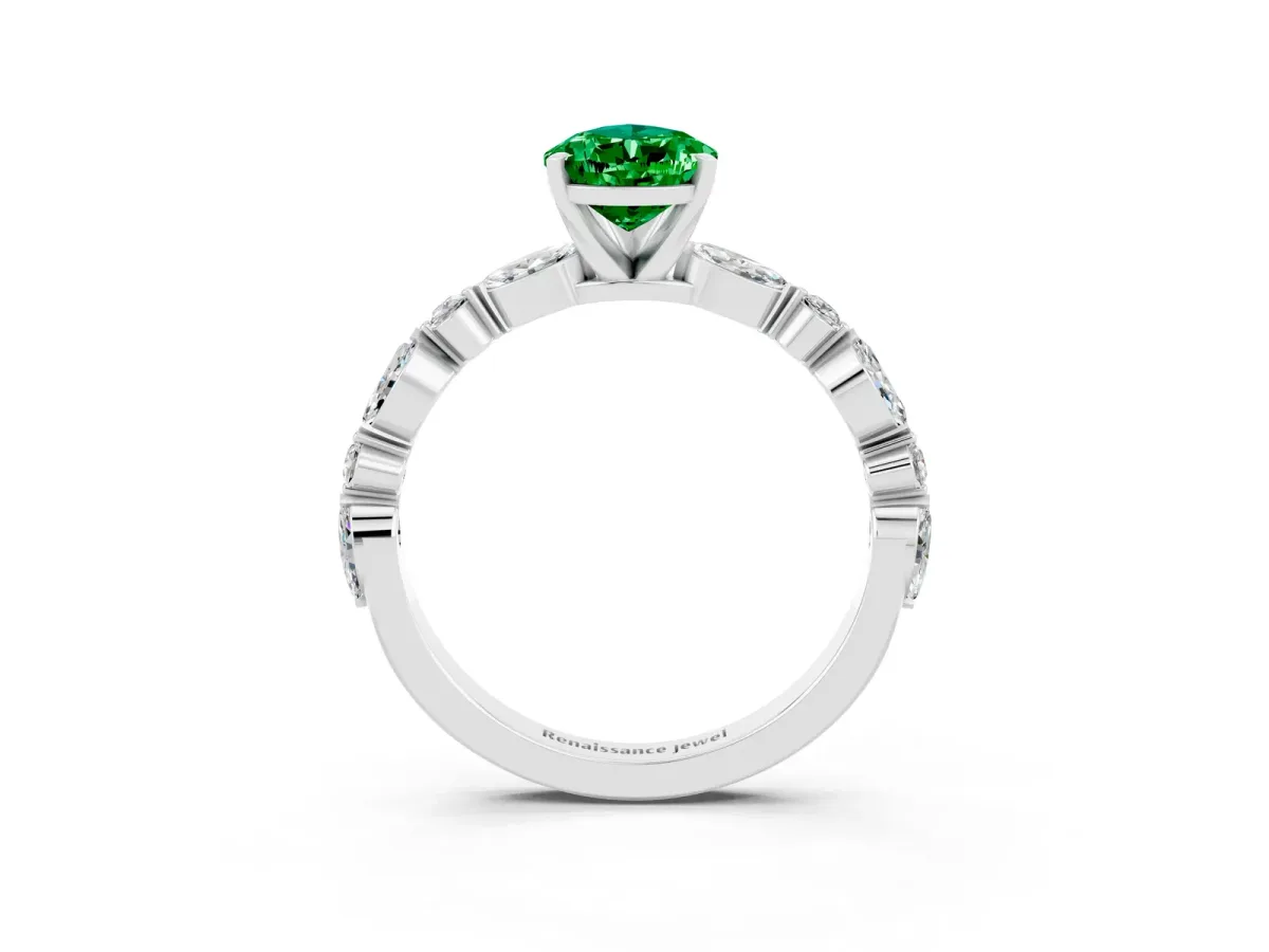 Pear Cut Emerald Ring with Marquise and Round Side Stones and Four-Prong Setting Silver