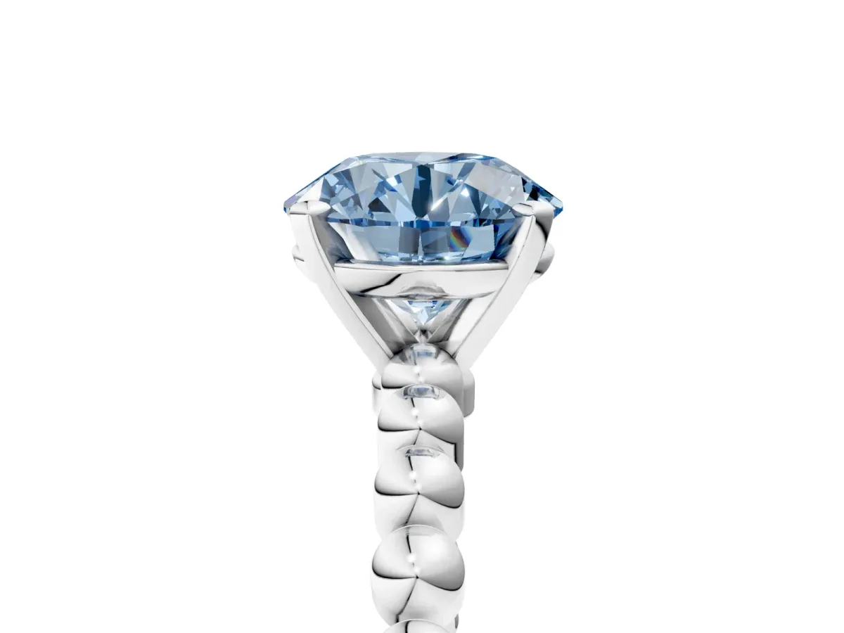 Fancy Blue Round Cut Diamond Solitaire Ring with Beaded Band and Prong Setting Platinum