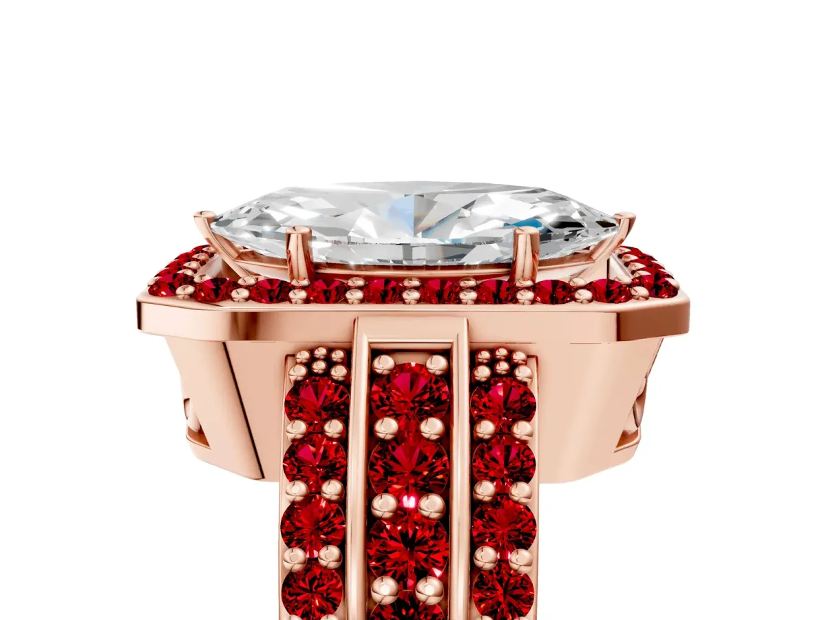 Marquise Cut Halo Diamond Ring with Round Ruby Split Shank and Prong Setting Rose gold