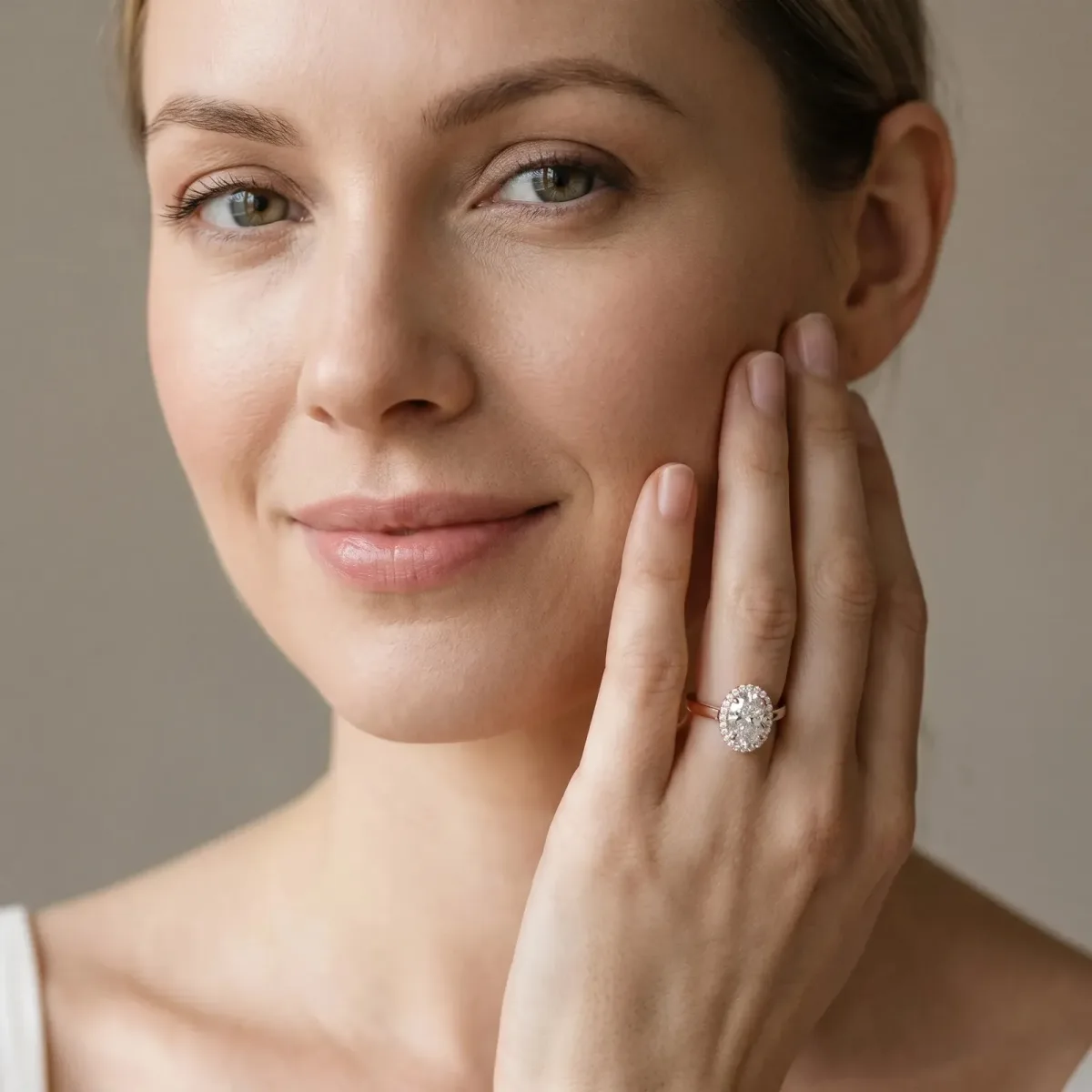 Oval Cut Diamond Bezel Halo Ring with Plain Band Rose gold