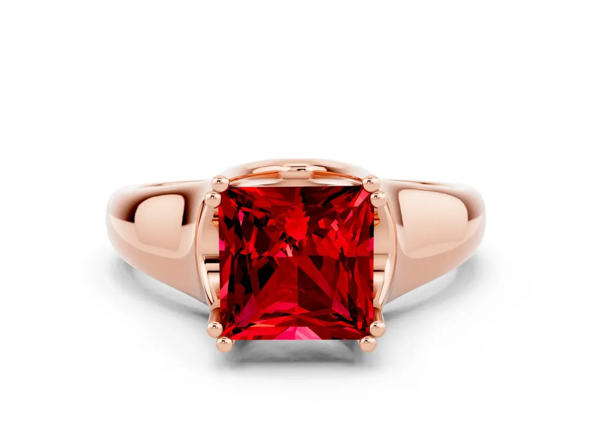 Princess Cut Ruby Solitaire Ring with Wide Band and Prong Setting Rose gold