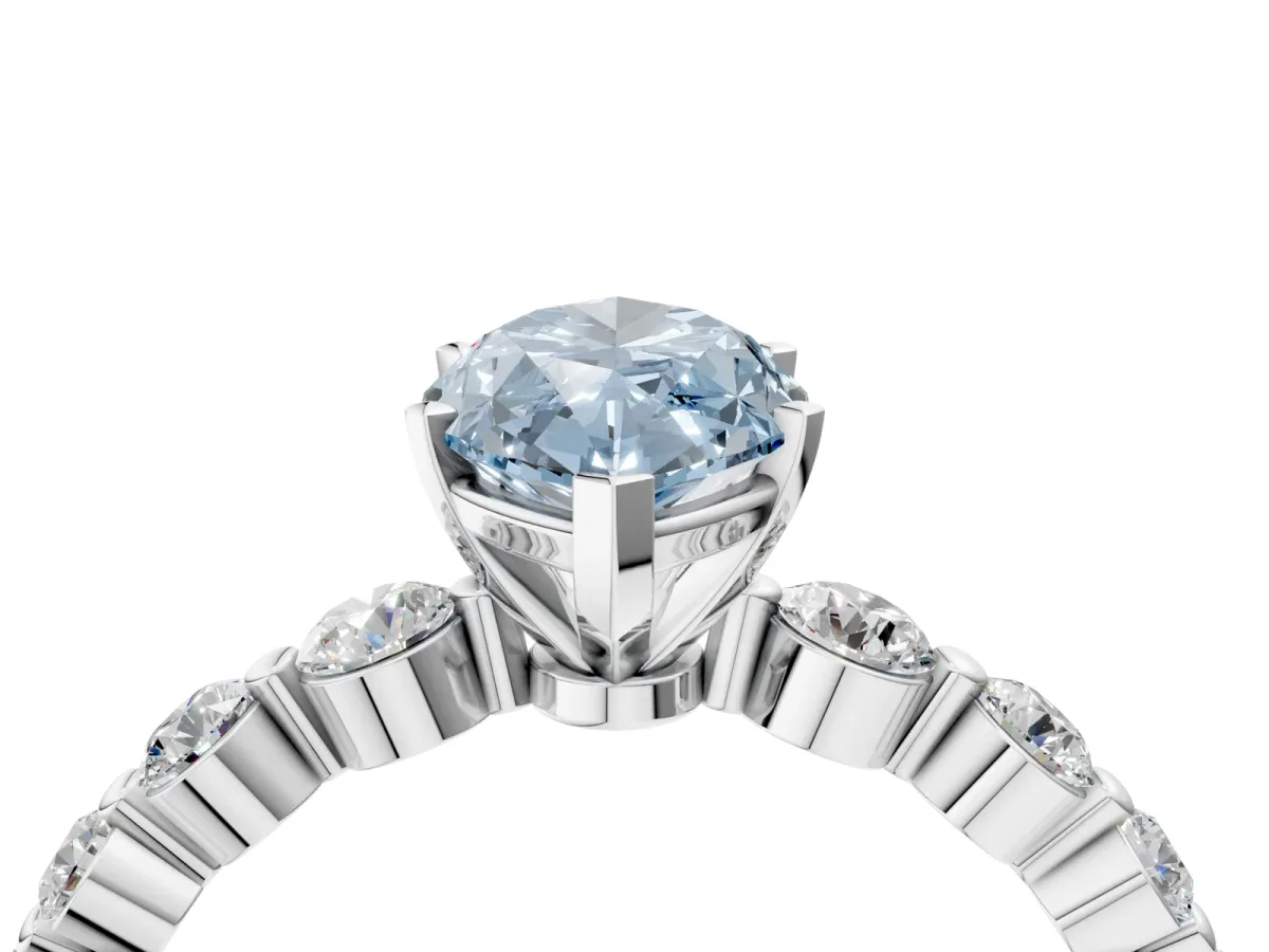 Fancy Blue Marquise Cut Solitaire Diamond Ring with Pave Band and Four-Prong Setting Silver