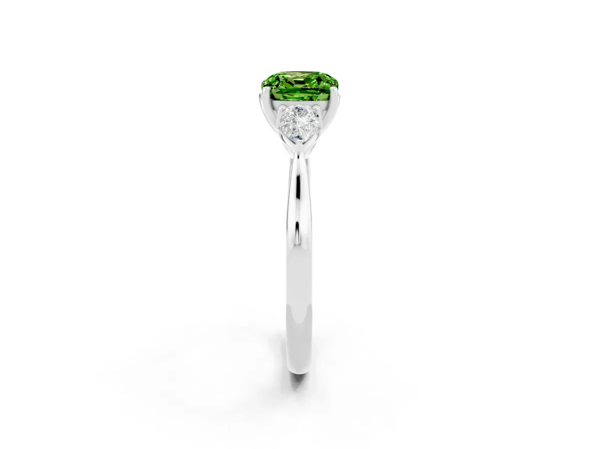 Three-Stone Cushion Cut Peridot Ring with Pear Side Stones in Four-Prong Setting White gold