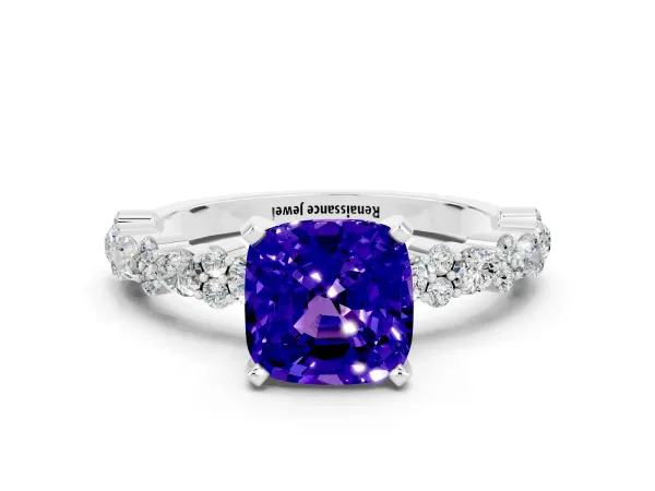 Cushion Cut Tanzanite Side Stone Solitaire Ring with Round and Four-Prong Setting Platinum