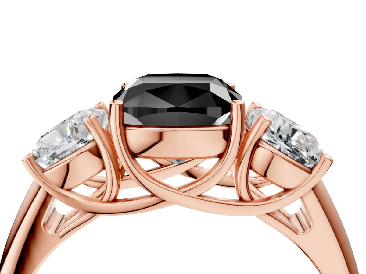 Fancy Black Three-Stone Cushion Cut Diamond Engagement Ring with Prong Setting Rose gold