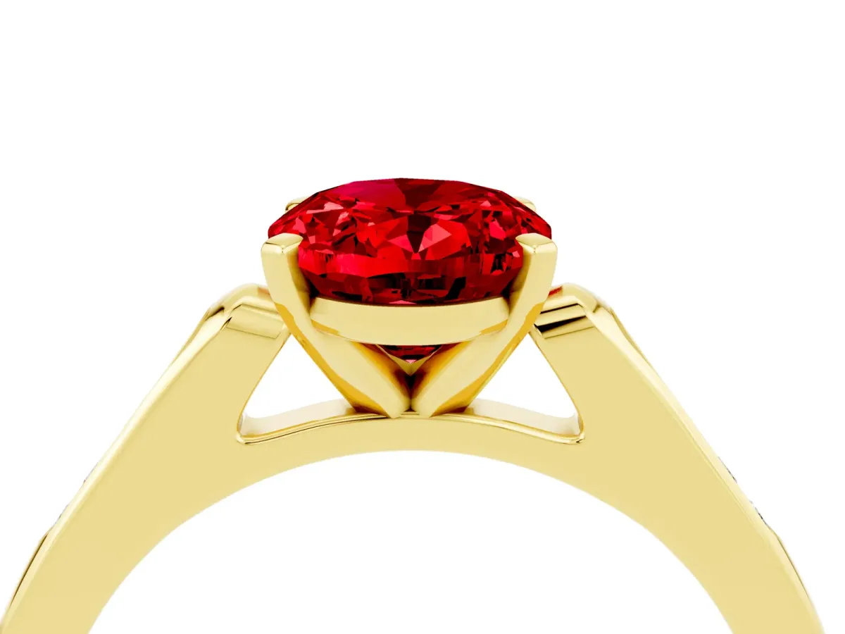 Oval Cut Ruby Solitaire Ring with Channel Set Round Band and Prong Setting Yellow gold
