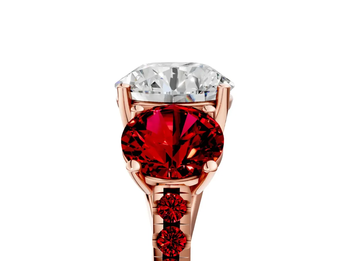 Three-Stone Round Cut Diamond Ring with Round Ruby Pavé Band and Prong Setting Rose gold