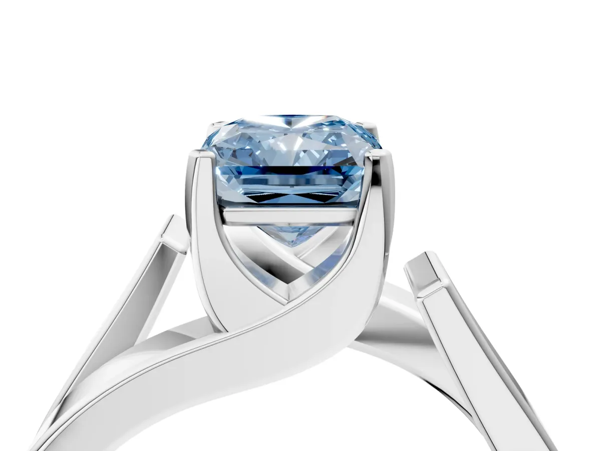 Fancy Blue Modern Tension Set Radiant Cut Diamond Solitaire Wide Band Ring Silver