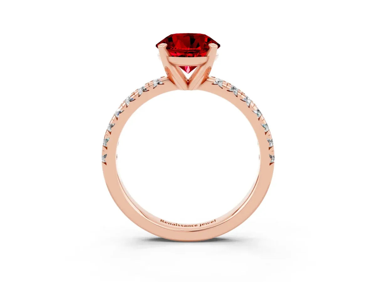 Round Cut Ruby Solitaire Pavé Engagement Ring with Round Band and Prong Setting Rose gold