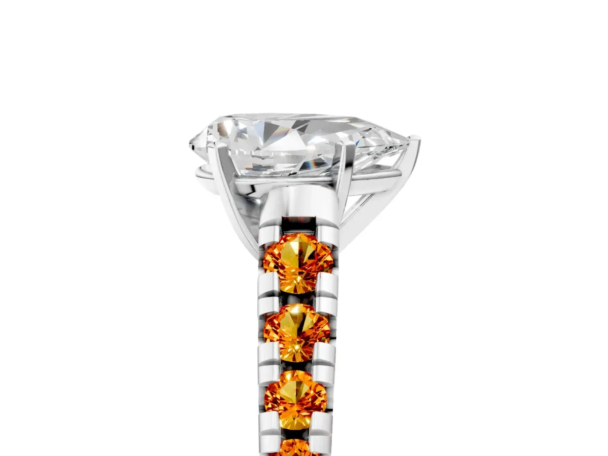 Pear Cut Diamond Cathedral Solitaire Ring with Round Citrine Pavé Band Platinum
