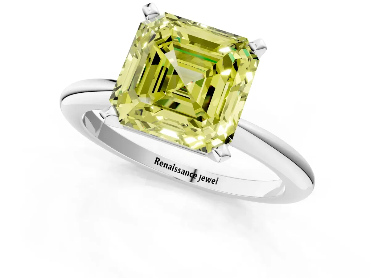 Fancy Yellow Asscher Cut Diamond Solitaire Ring with Six-Prong Setting and Classic Band Silver