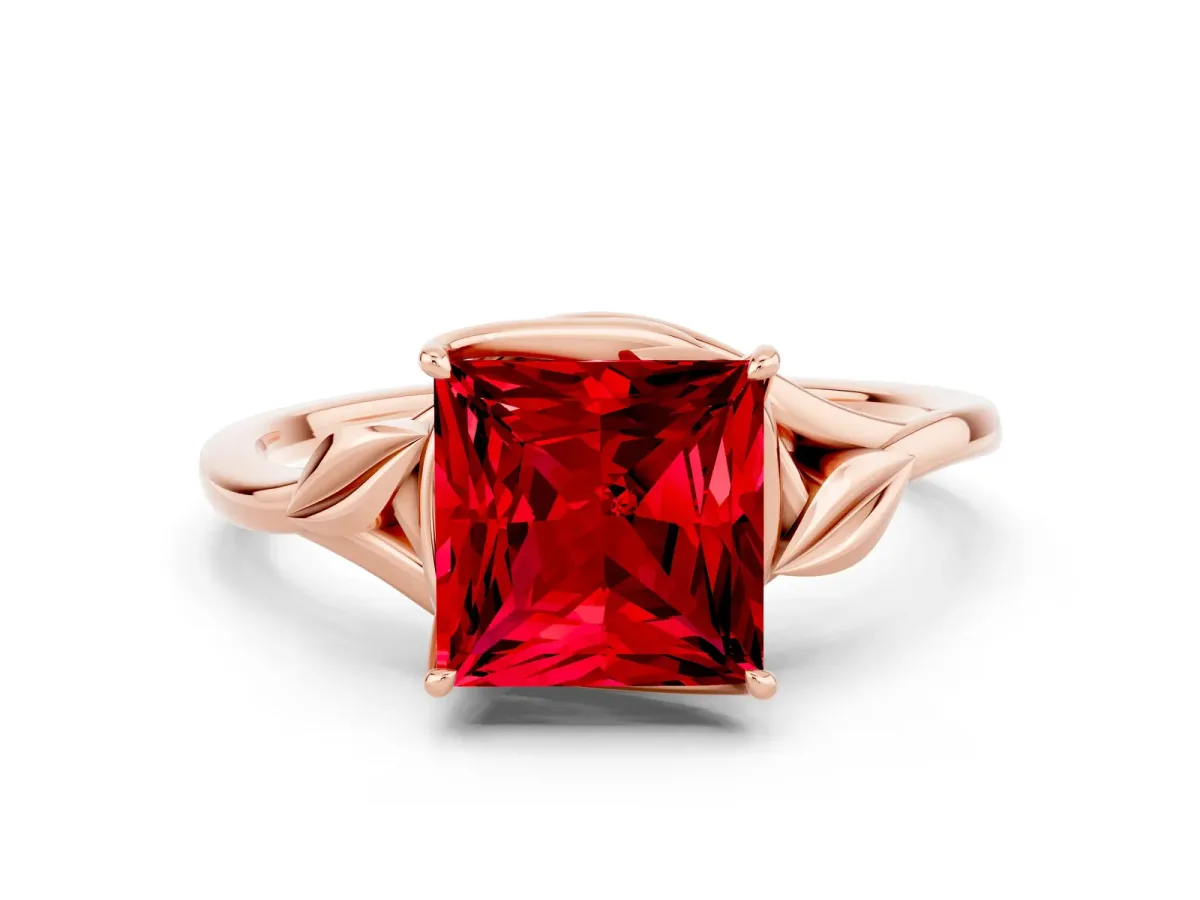 Princess Cut Ruby Solitaire Ring with Twist Band and Four-Prong Setting Rose gold