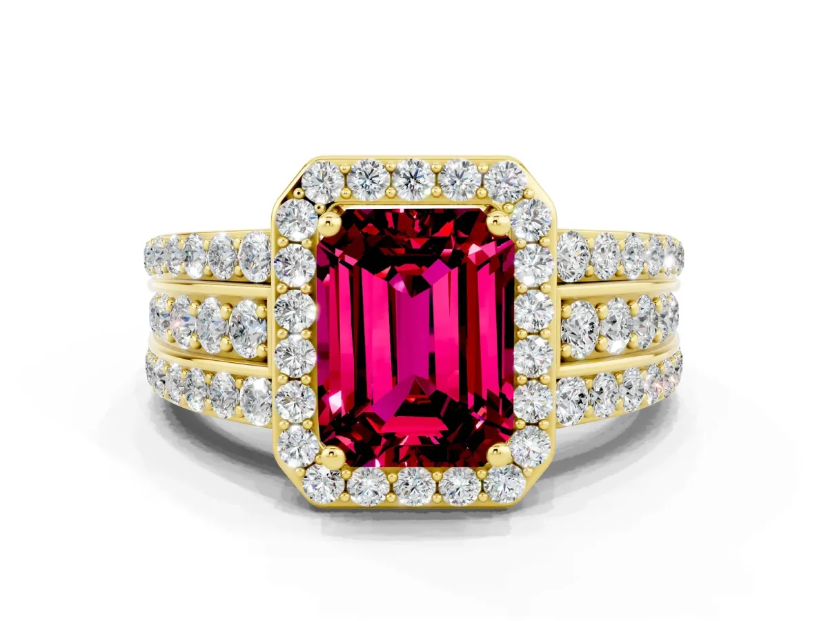 Emerald Cut Halo Garnet Ring with Round Split Shank and Prong Setting Yellow gold