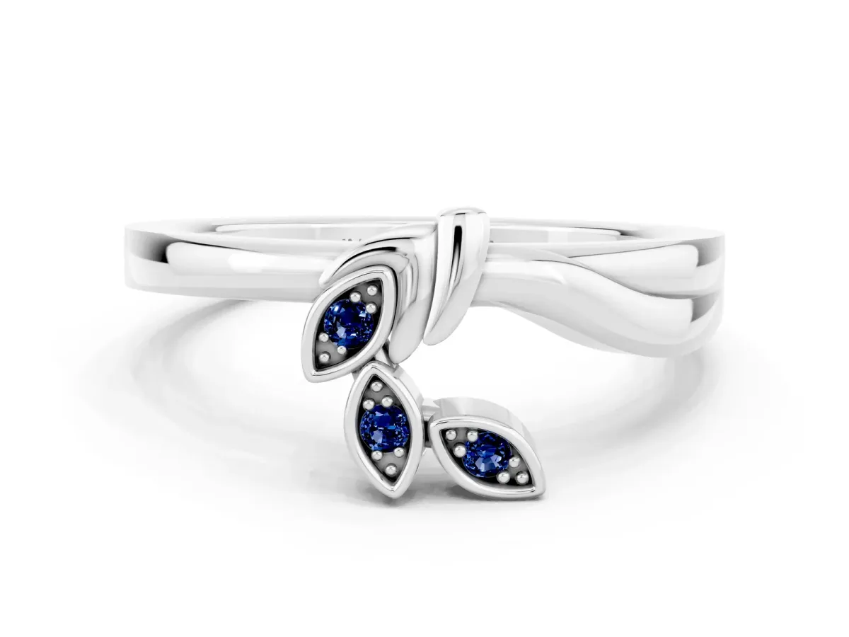 Three-Stone Round Blue Sapphire Leaf Bypass Ring with Bezel Setting White gold