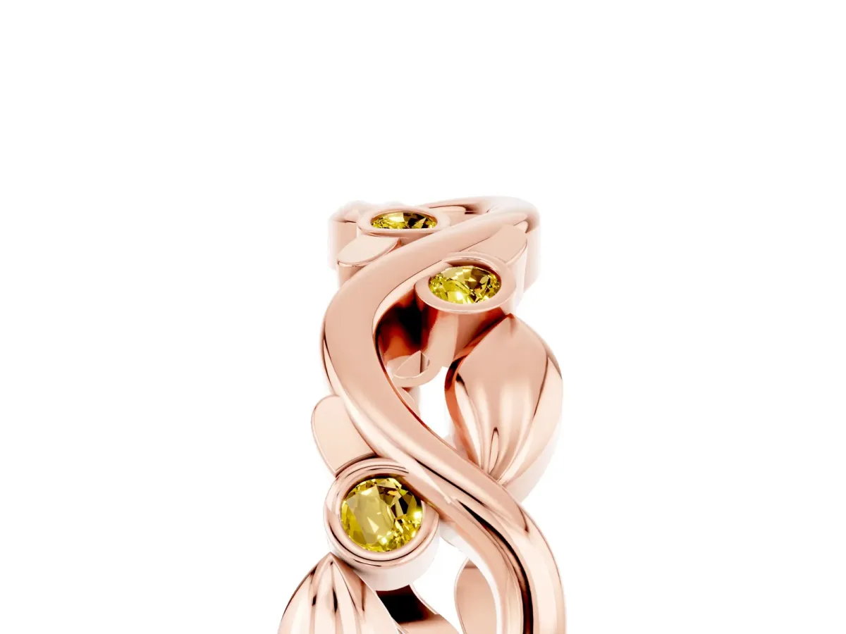 Round Yellow Sapphire Leaf Eternity Band with Bezel Setting Rose gold
