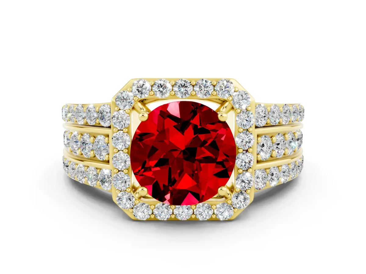 Round Cut Halo Ruby Ring with Round Split Shank and Prong Setting Yellow gold