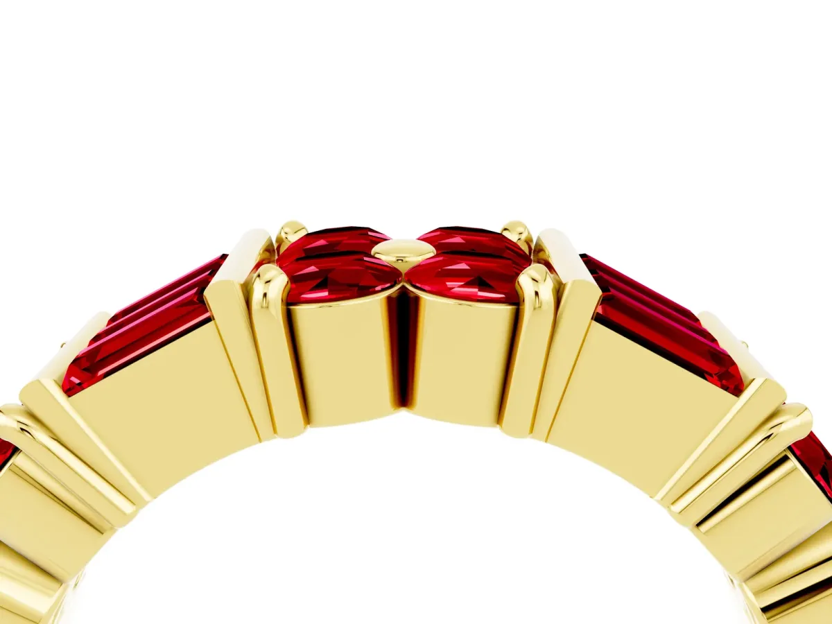 Channel Set Round and Baguette Ruby Anniversary Band with Prong Setting Yellow gold