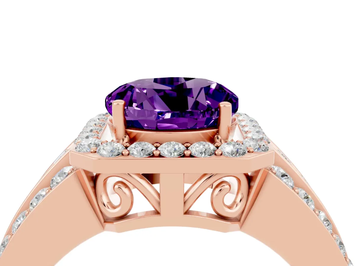 Round Cut Halo Amethyst Ring with Round Split Shank and Prong Setting Rose gold