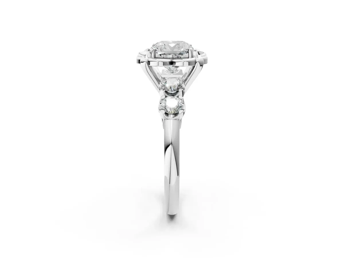 Cushion Cut Cut Diamond Floral Halo Engagement Ring with Shared Prong Setting Silver