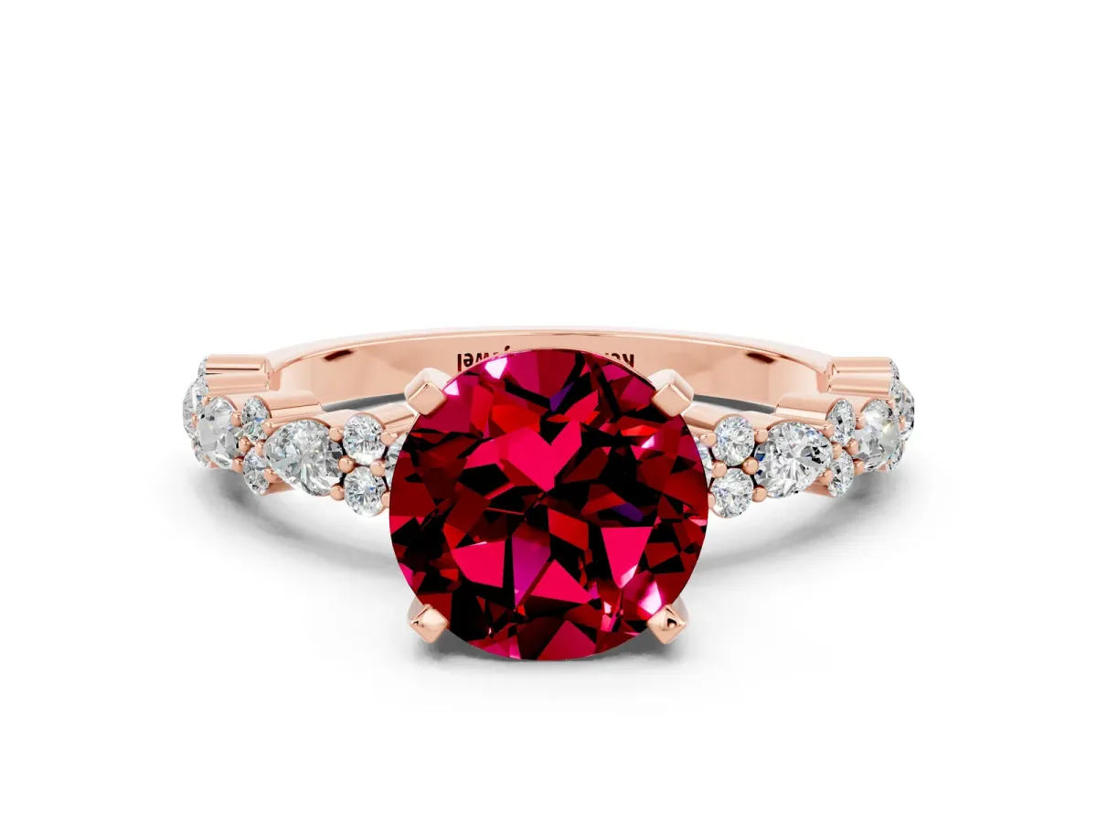 Round Cut Garnet Side Stone Solitaire Ring with Round and Four-Prong Setting Rose gold