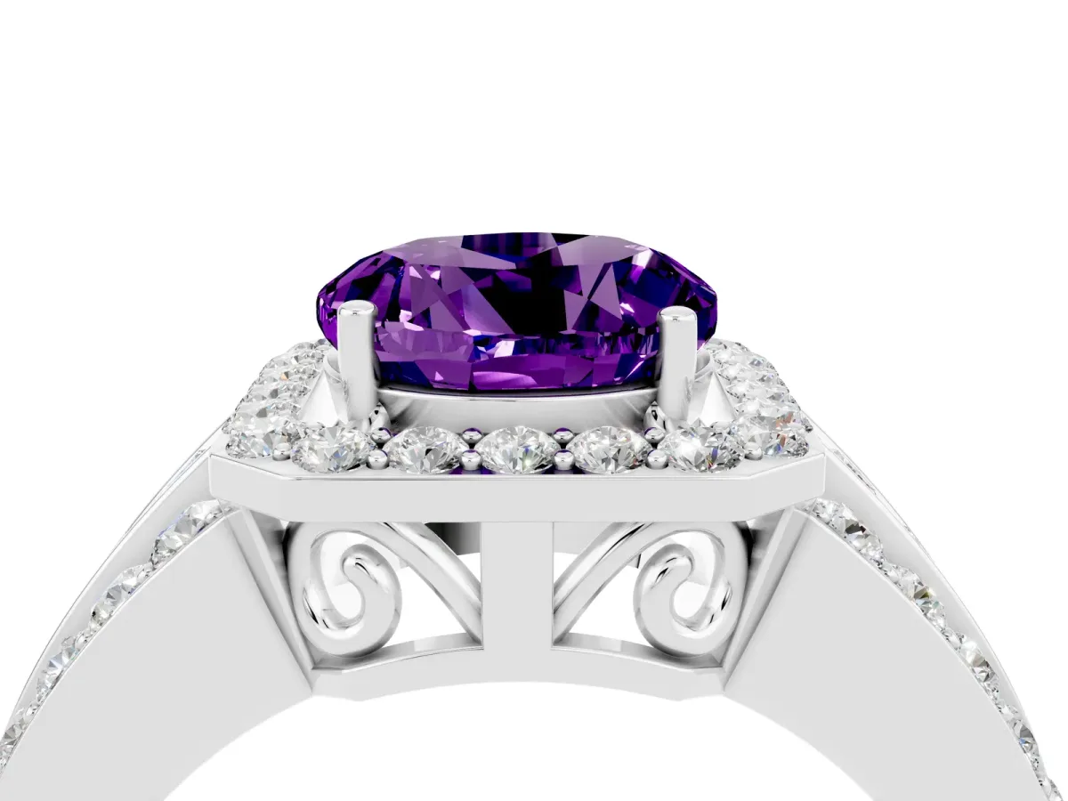 Round Cut Halo Amethyst Ring with Round Split Shank and Prong Setting Silver