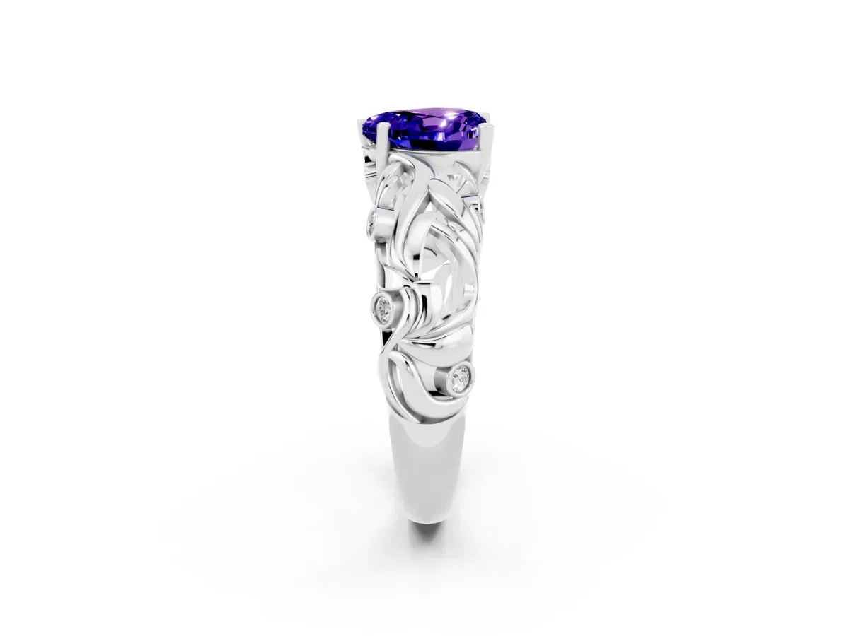 Heart Cut Solitaire Tanzanite Leaf-Inspired Vine Band Ring with Prong Setting Platinum