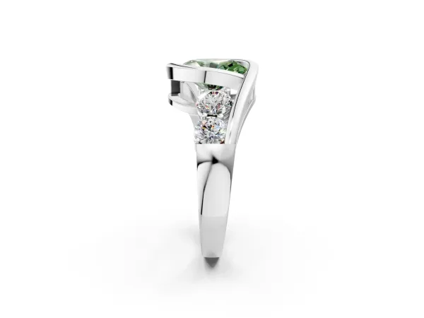 Fancy Green Bezel Set Oval Cut Diamond Bypass Ring with Round Accents Platinum
