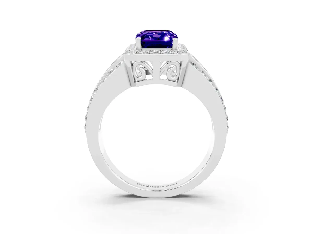 Emerald Cut Halo Tanzanite Ring with Round Split Shank and Prong Setting Silver