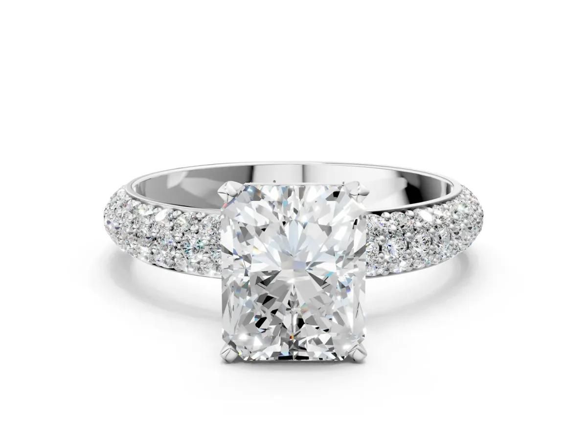 Radiant Cut Diamond Solitaire Ring with Prong Setting and Pavé Band Platinum