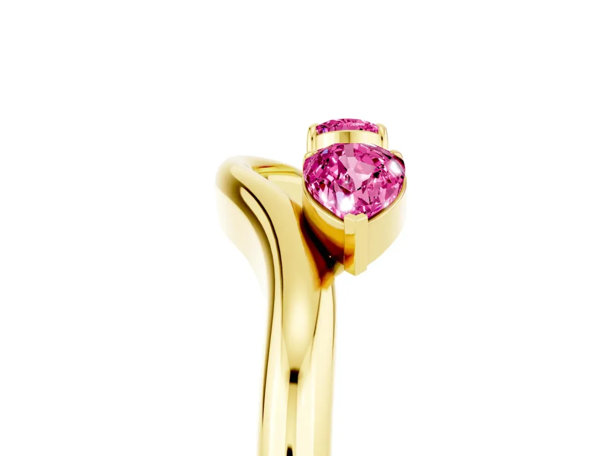 Pear Cut Pink Sapphire Two-Stone Open Band Ring with Prong Setting Yellow gold