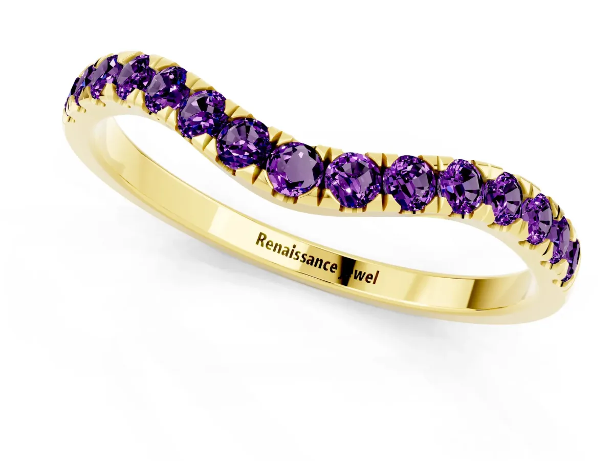 Curved Pavé Round Amethyst Wedding Band with Shared Prong Setting Yellow gold