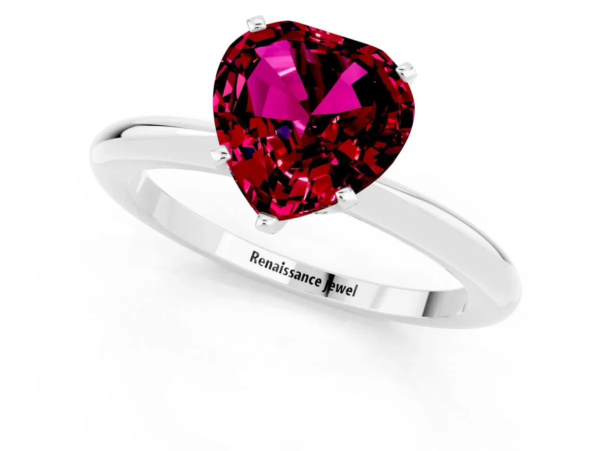 Heart Cut Garnet Solitaire Ring with Six-Prong Setting and Classic Band Platinum