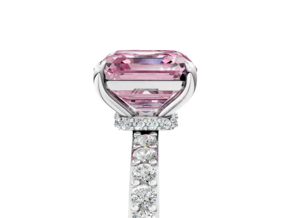 Fancy Pink Asscher Cut Diamond Solitaire Engagement Ring with Pavé Band and Four-Prong Setting Silver