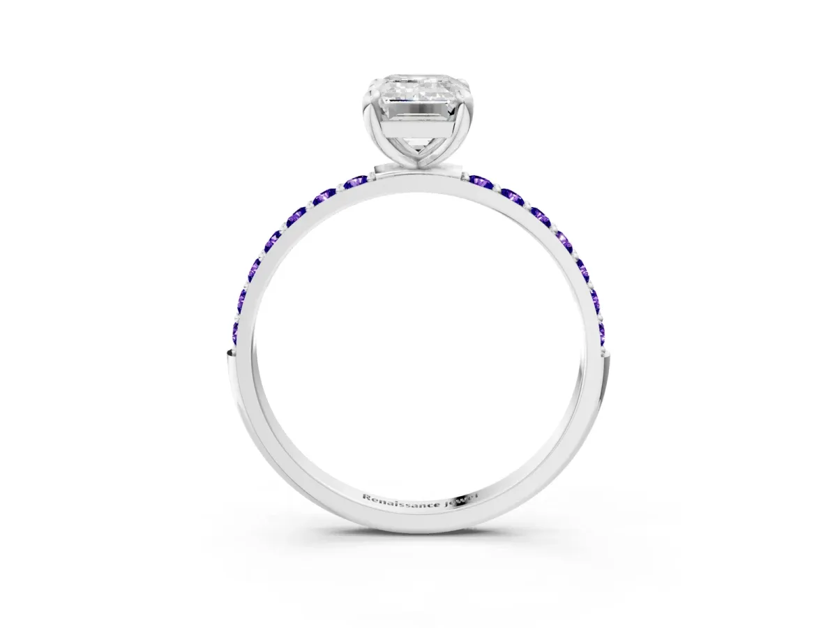 Emerald Cut Diamond Solitaire Ring with Round Tanzanite Pavé Band and Prong Setting Silver