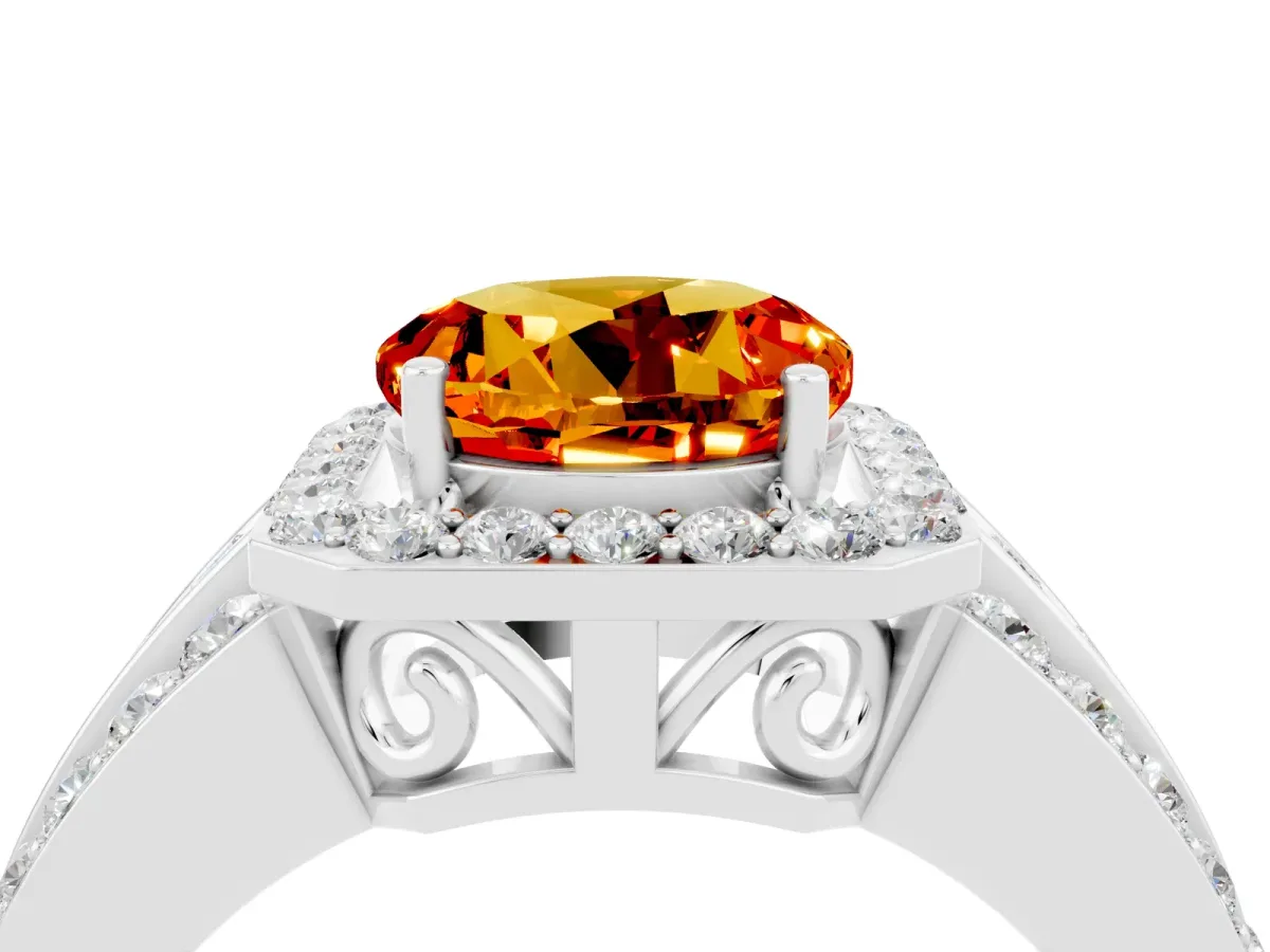 Round Cut Halo Citrine Ring with Round Split Shank and Prong Setting Platinum