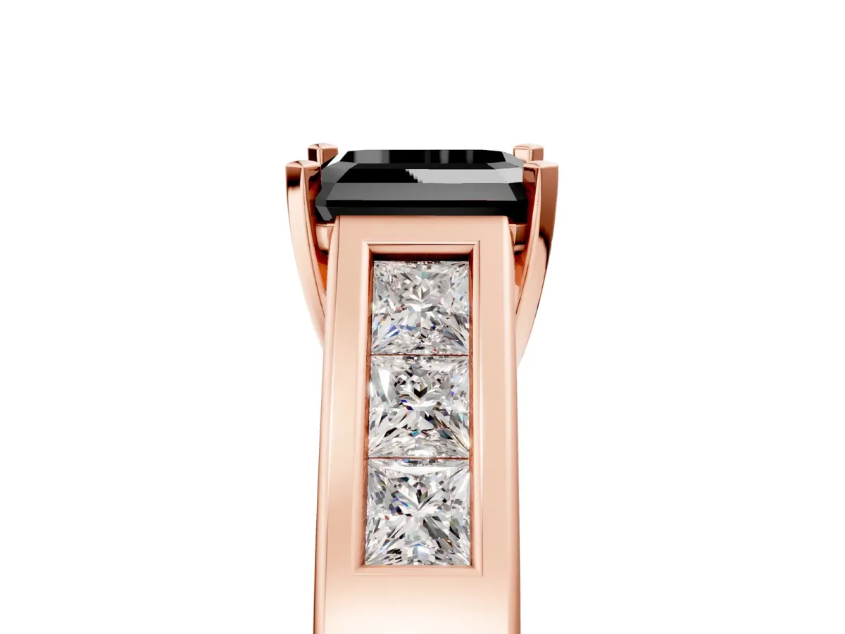 Fancy Black Asscher Cut Cut Channel Set Solitaire Ring with Four-Prong Setting Rose gold