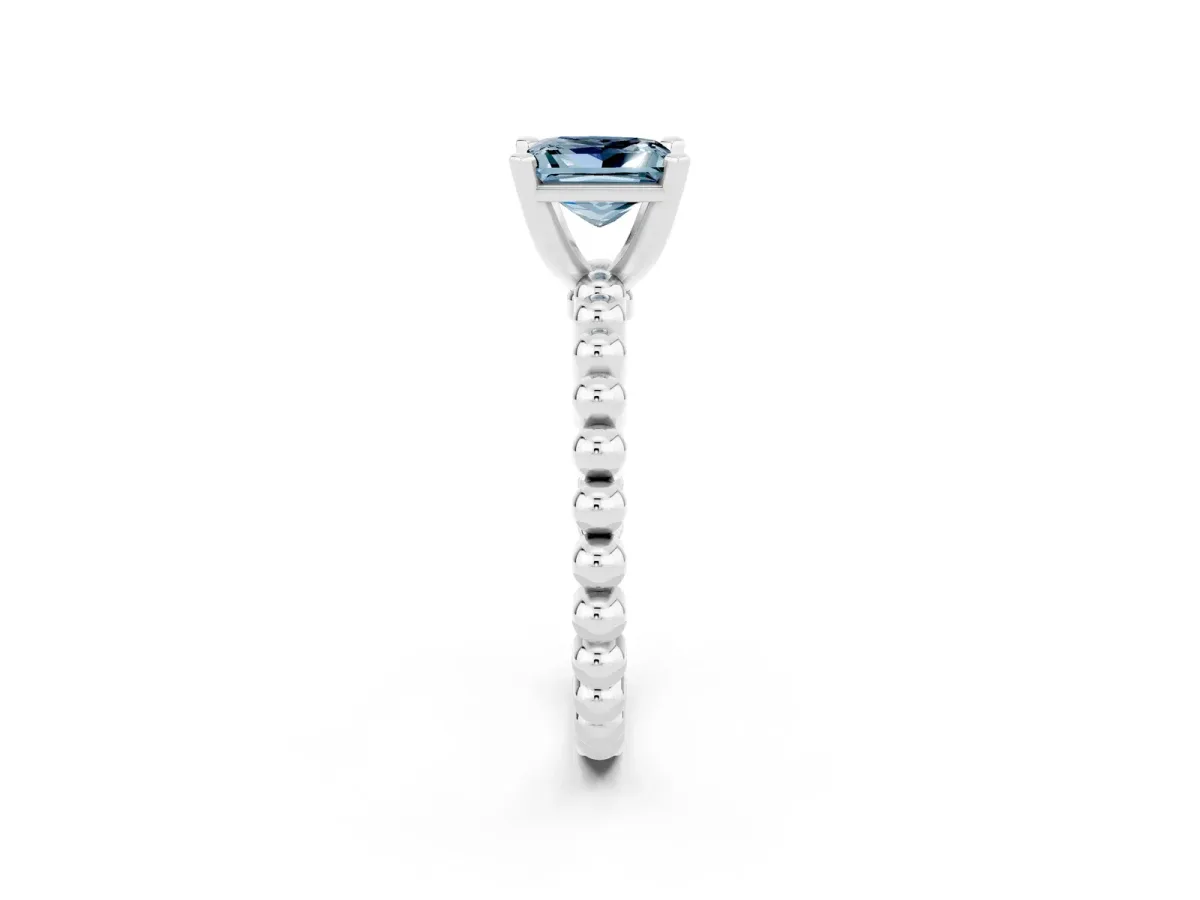 Princess Cut Aquamarine Solitaire Ring with Beaded Band and Prong Setting Silver